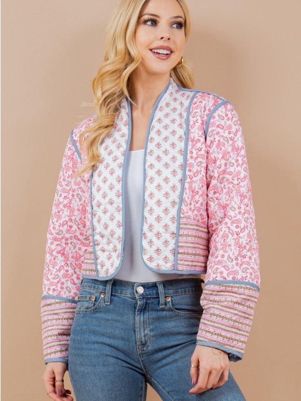 Sunday Up Quilted Pink and Blue Reversible Cropped Jacket Size Medium